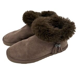 Dunes Women's Size 8 Brown Faux Suede Fur Trimmed Booties Slippers